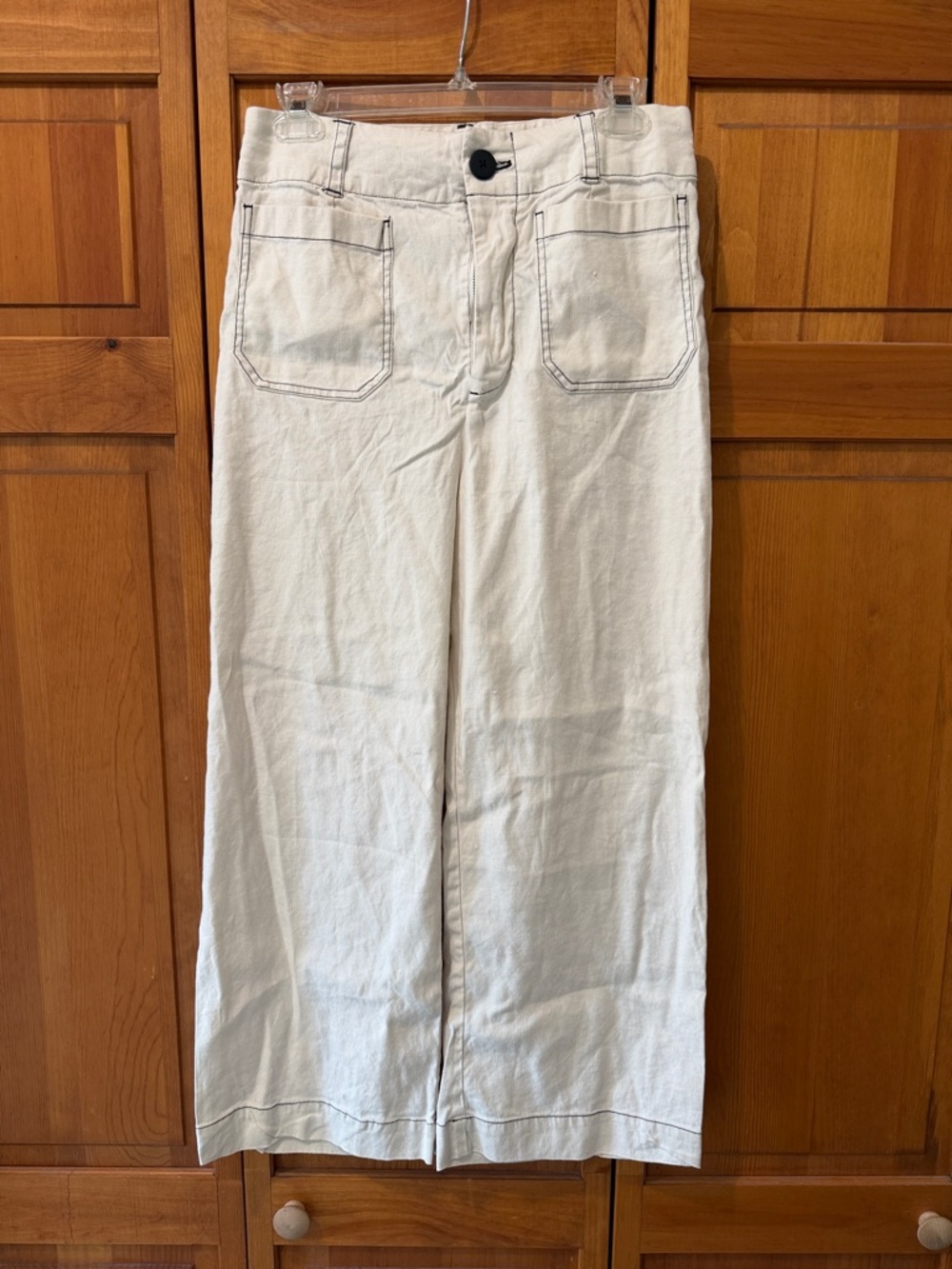 Anthropologie Maeve The Collette Contrast-Stitch Linen Crop Wide Leg Pants - Picture 3 of 8